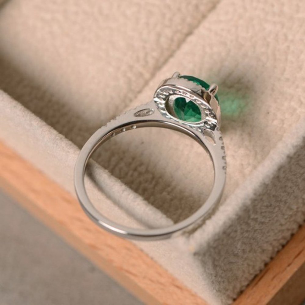 NEW Silver Emerald Diamond Halo Oval Cut Ring - Picture 6 of 6